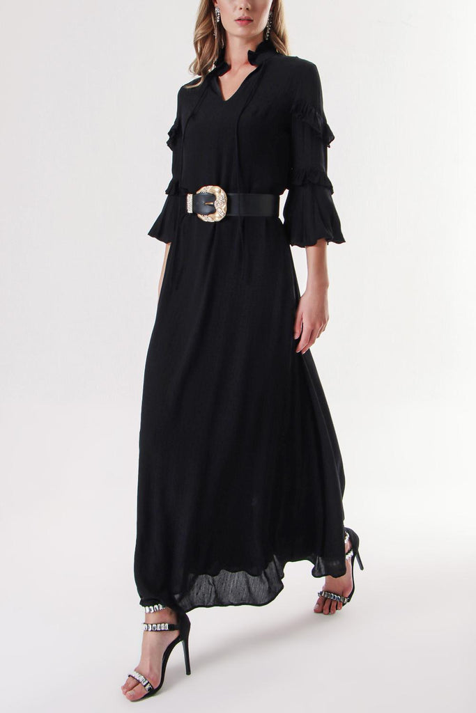 Black Long dress with pleated neck and sleeves 94127