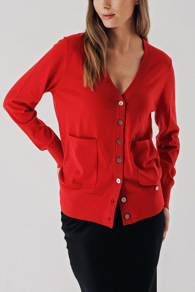 Red V-neck woolen long knit cardigan 28867