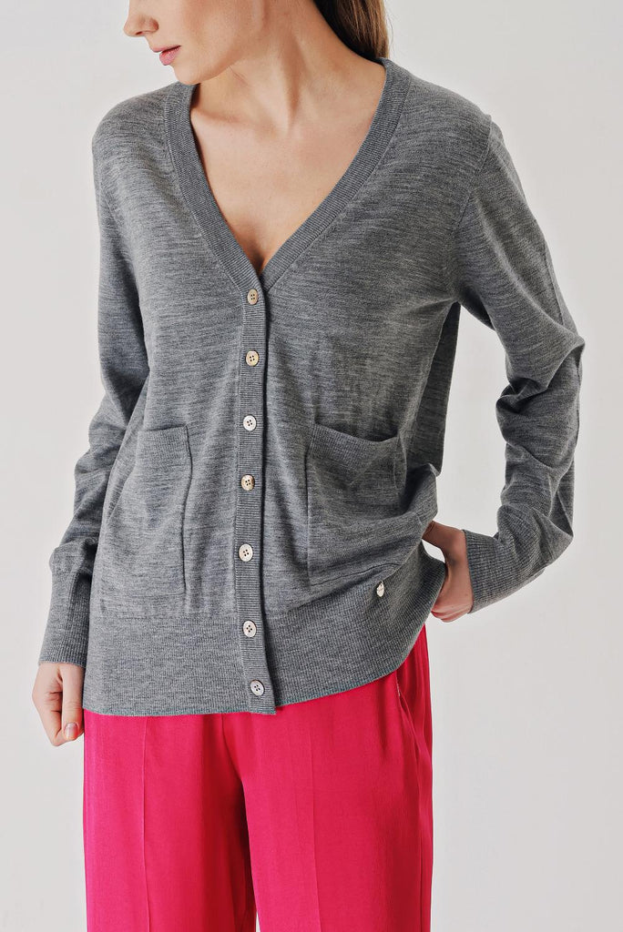 Gray V-neck woolen long knit cardigan 28867